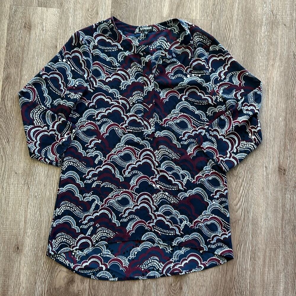 Express Printed Zip Neck Blouse‎ 3/4 Sleeves Size Small